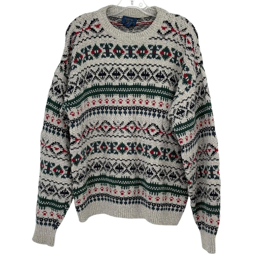 Cambridge Classics Sweater Grey Fair Isle Knit 100% Cotton Vintage Large